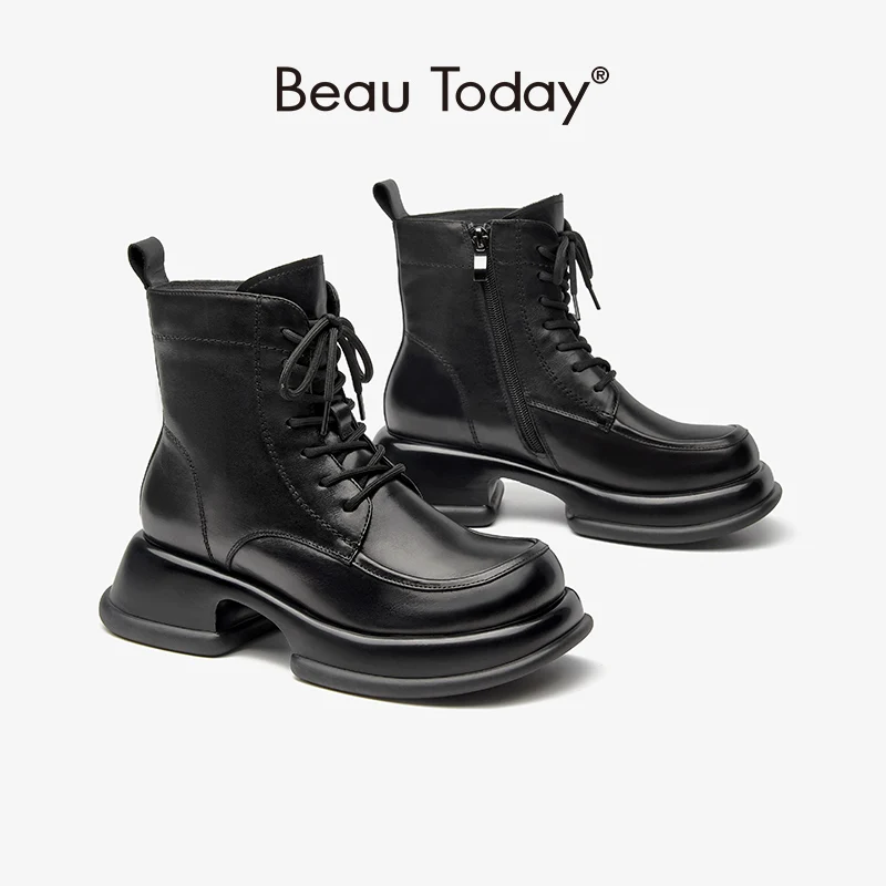 BeauToday Motorcycle Ankle Boots Women Genuine Calfskin Round Toe Thick Bottom Cross-tied Platform Female Shoes Handmade 04612