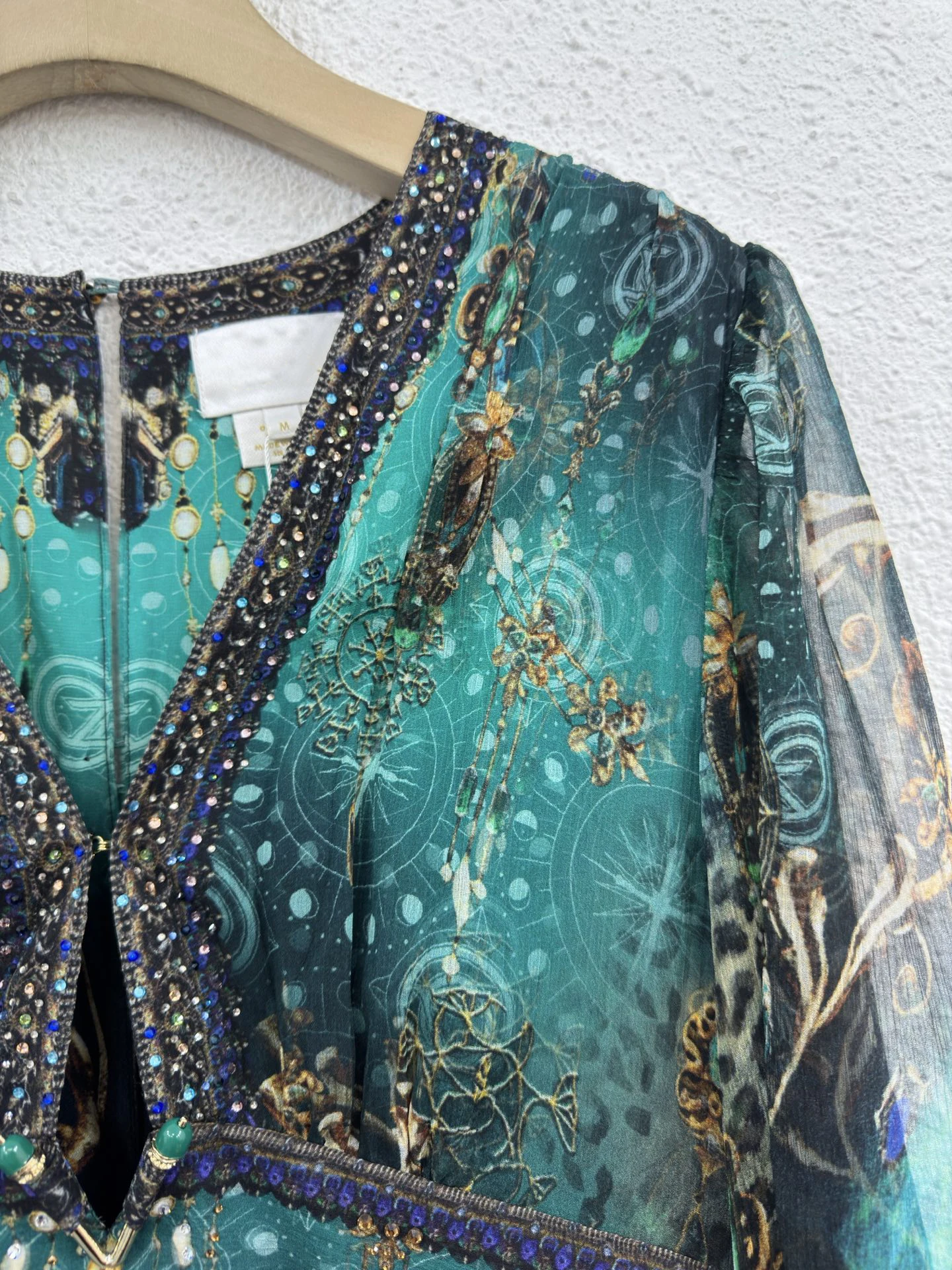 100% 실크 시크 에메랄드 그린 프린트 맥시 드레스 여성용 V넥 긴팔 보헤미안 시폰 가운