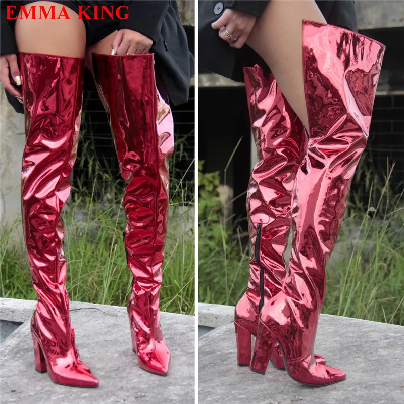 موضة براءات الاختراع والجلود صندل بكعب مكتنز الفخذ أحذية عالية النساء مثير عالية الكعب سيدة أحذية الحفلات امرأة أشار تو فوق الركبة الأحذية #3