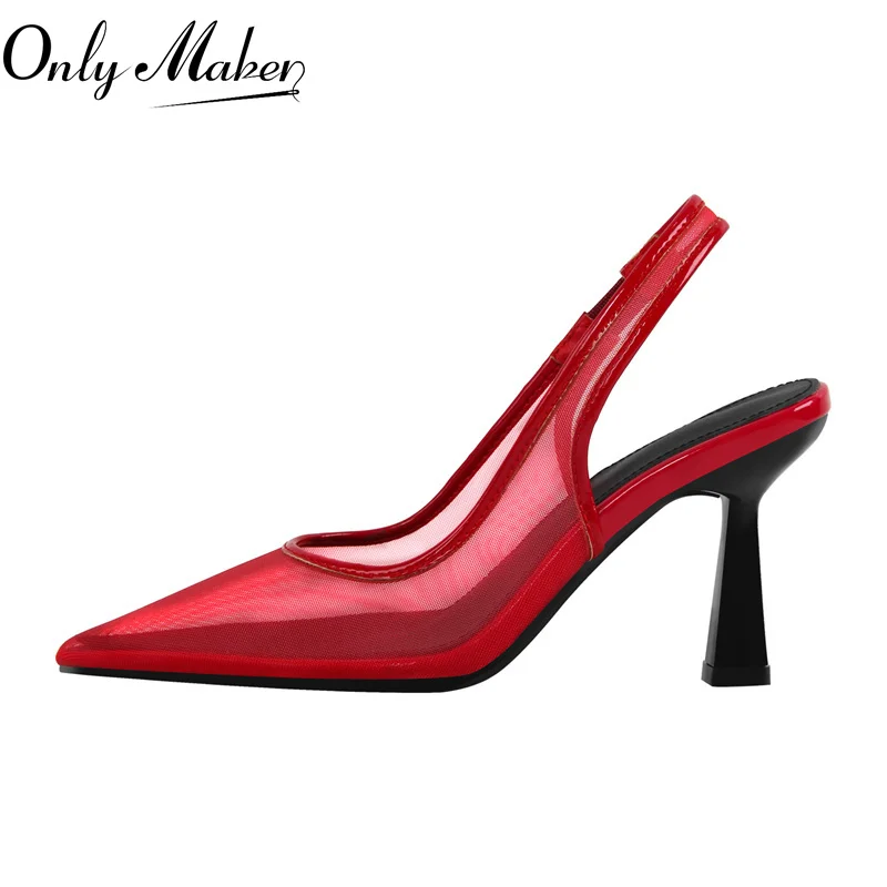 

Onlymaker женские сетчатые туфли на шпильке с острым носком и открытой пяткой, стильные элегантные сексуальные туфли без шнуровки на шпильке на низком каблуке