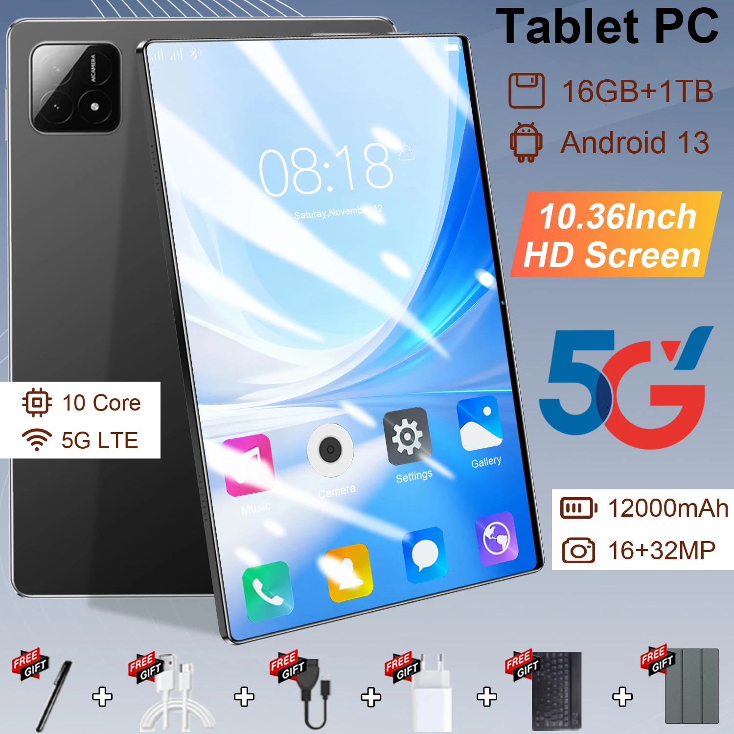 Tableta de 10.36 pulgadas, 10 núcleos, 16GB, 1TB, 2026 Global New, Android 13, 4K HD, 5G WIFI, Bluetooth, WPS, 12000mAh.
