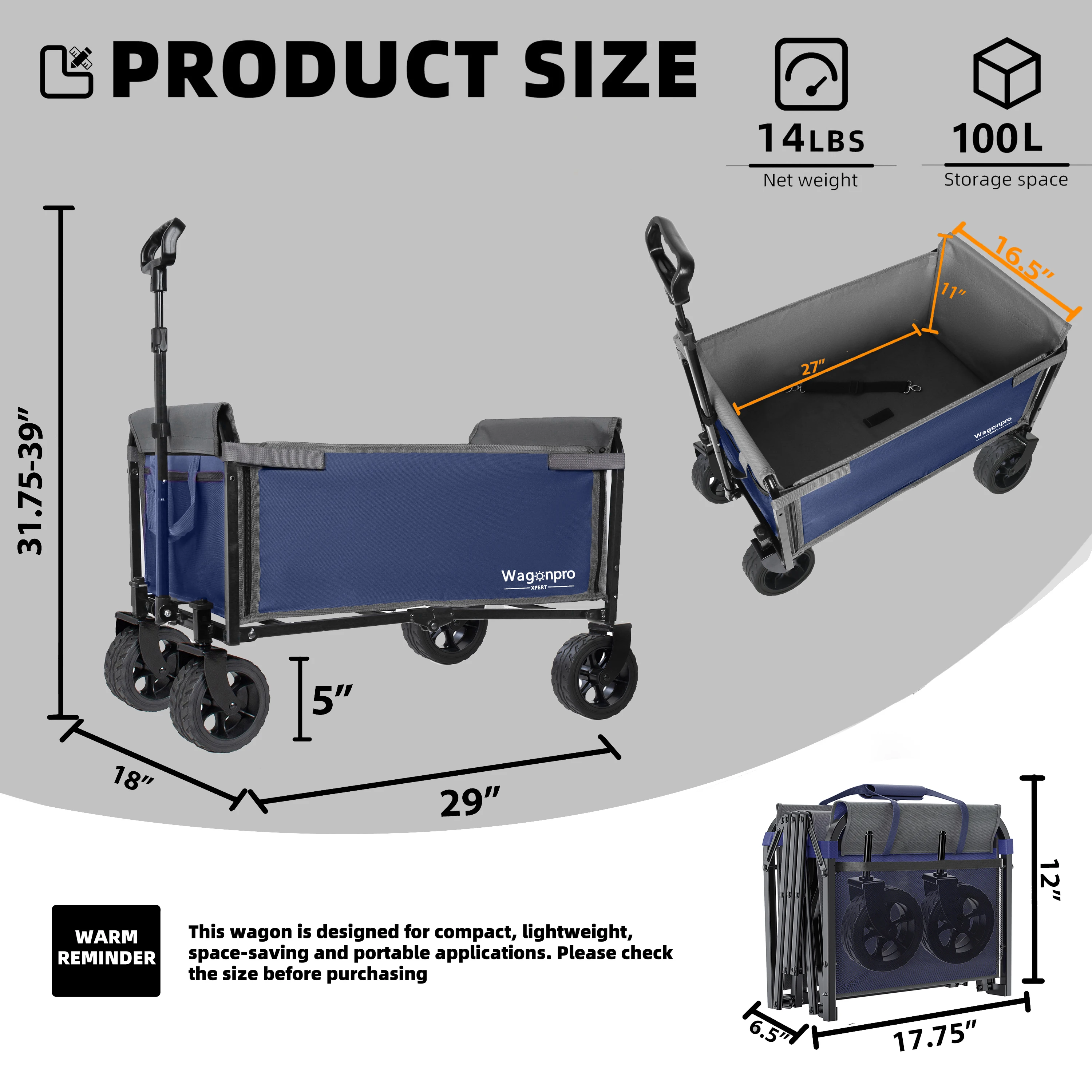 Convertible Folding Utility Wagon with 5 x 2 in Wide All-Terrain Wheels, Full-Side Opening, Built-In Dog Leash and Seat Function, 220 lb Capacity Collapsible Cart for Camping, Beach and Shopping, Dark Blue
