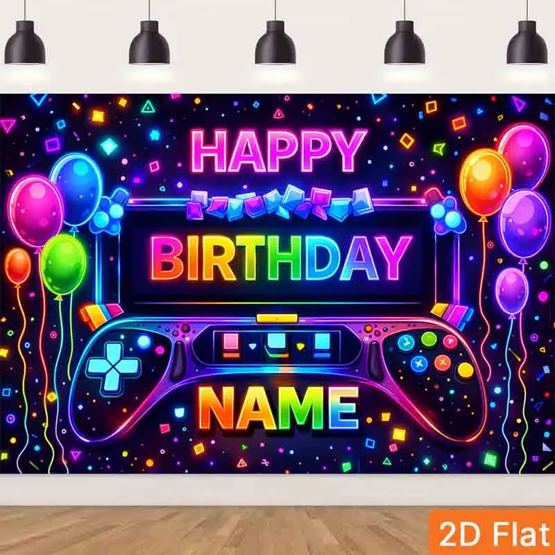 Neon Gamer Birthday Backdrop Controller Balloon Screen Background for Video Game Themed Party Decorations Photo Booth Props