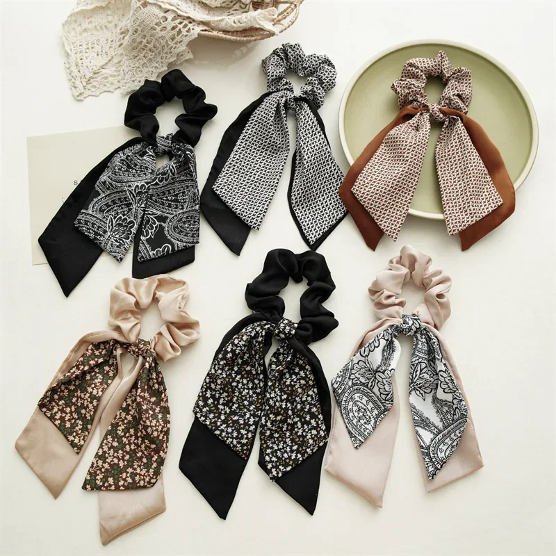 Modne kwiatowe opaski do włosów kokarda dziewczęca Scrunchies koreański kucyk dwupokładowy szalik gumki do włosów akcesoria do włosów opaska do włosów Party prezent — zdjęcie 2