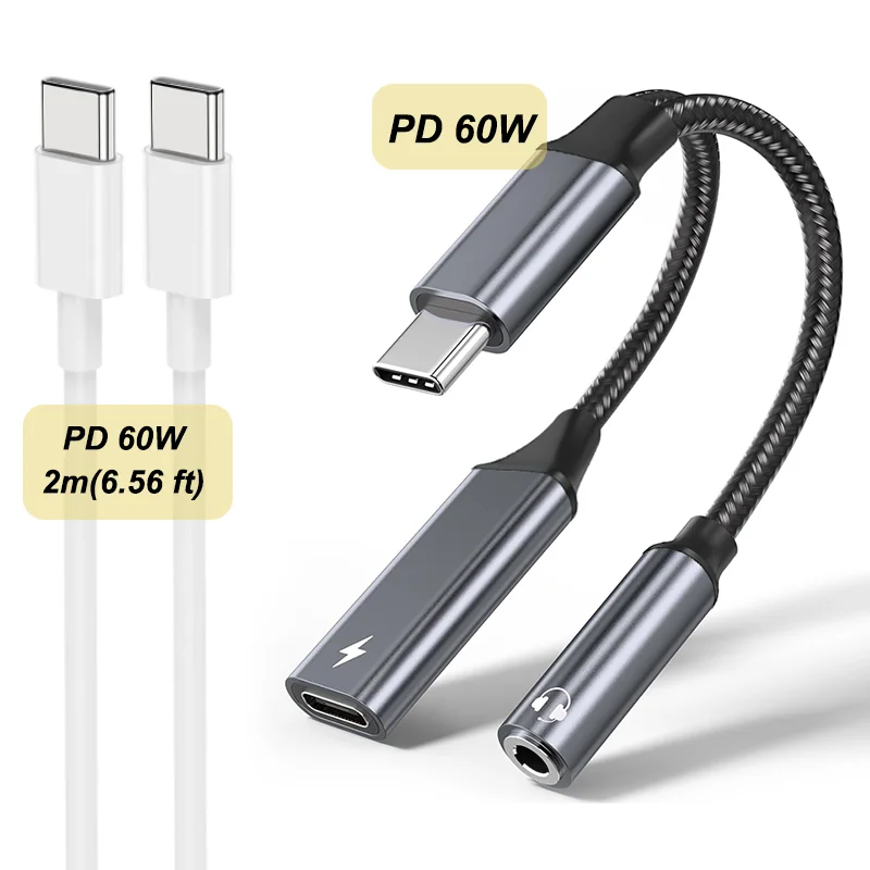 2-in-1-Typ-C-Audio-Adapter PD 60 W Schnelllade-USB-C auf 3,5-mm-Klinkenadapter für iPhone 15/16 Samsung Huawei Xiaomi
