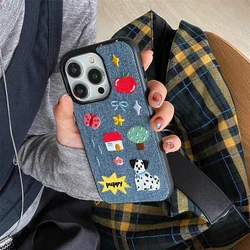Cute Embroidered Puppy Denim Phone Case For iPhone 16 Pro 15 13 14 Pro Max Back Cover Shockproof Cartoon Cases For Apple 14Pro