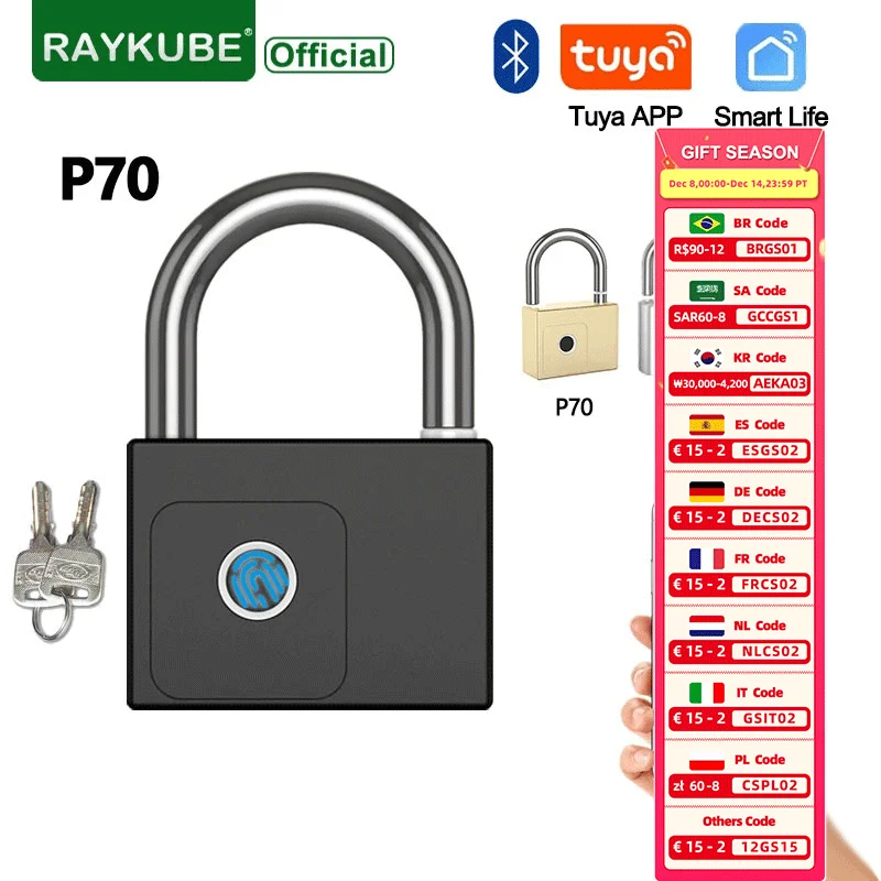 

RAYKUBE P70 Tuya BLE Smart Fingerprint Padlock Waterproof Remote Unlock USB Charging Key Unlock Anti-theft Cabinet Door Lock