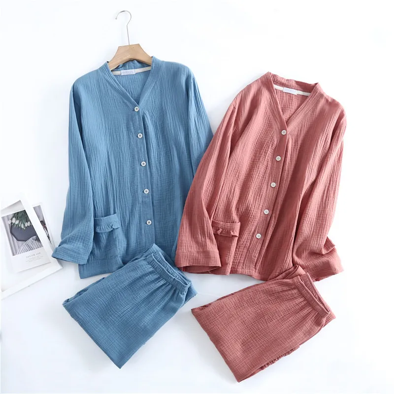 Spring Autumn Women Simple Pajama Sets Female 100% Cotton Sleepwear Suit Women V-neck Collar Cardigan Shirt & Pants Home Clothes