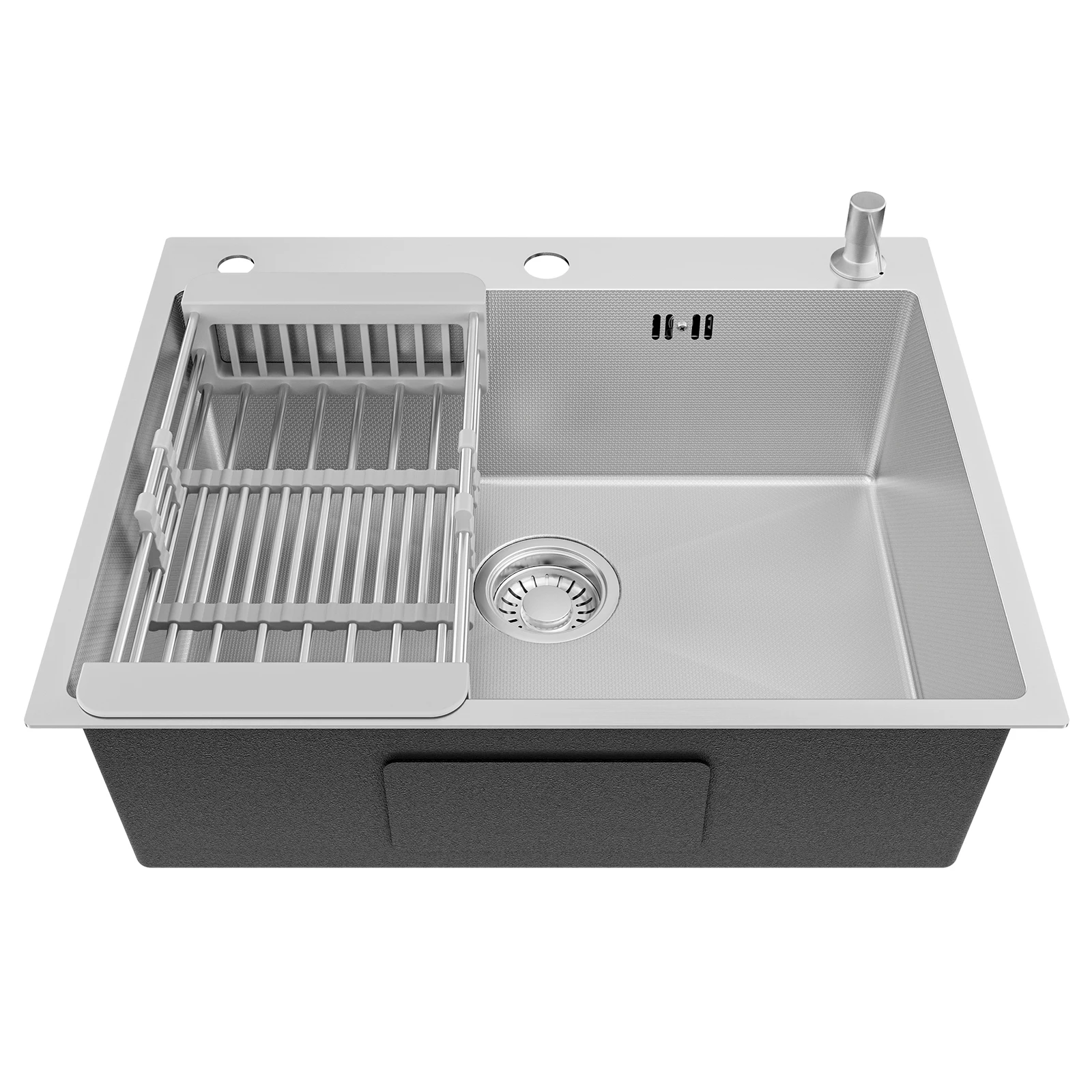60 x 49 cm Küchenspüle Silber Wabenstruktur Edelstahl 304 Einbauspüle mit Ausziehbarer Abtropfkorb und Seifenspender Nano Beschichtung Kratzfest Spülbecken für Moderne Küche und Wohnmobil mit Siphon