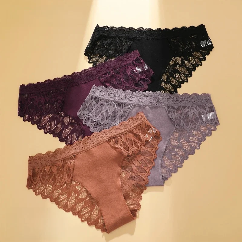 FINETOO 3-teilige Spitzen-Unterwäsche für Damen, sexy Low-Waist-Blumen-Slips, weiblich, unsichtbar, atmungsaktiv, weich, intim