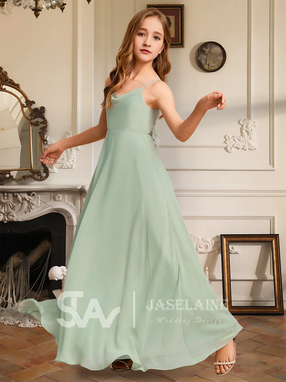 Elegant A-Line Cowl Floor-Length Chiffon Junior Bridesmaid Dress Ivory Flower Girl Dress Girls Party Wedding Formal Occasion