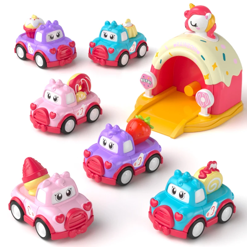 

7pcs Cute Dessert Press and Go Cars with Unicorn Launcher Garage - Cartoon Inertia Vehicle Set - Montessori Educational Baby Toy
