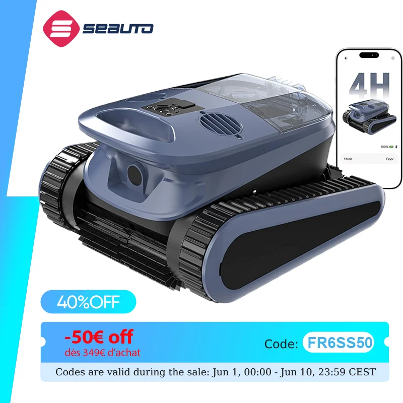 Seauto SAT 40 Robot nettoyeur de piscine sans fil, nettoyage de la ligne d'eau, navigation sonar AI, autonomie de 240 minutes, jusqu'à 3 200 pieds carrés