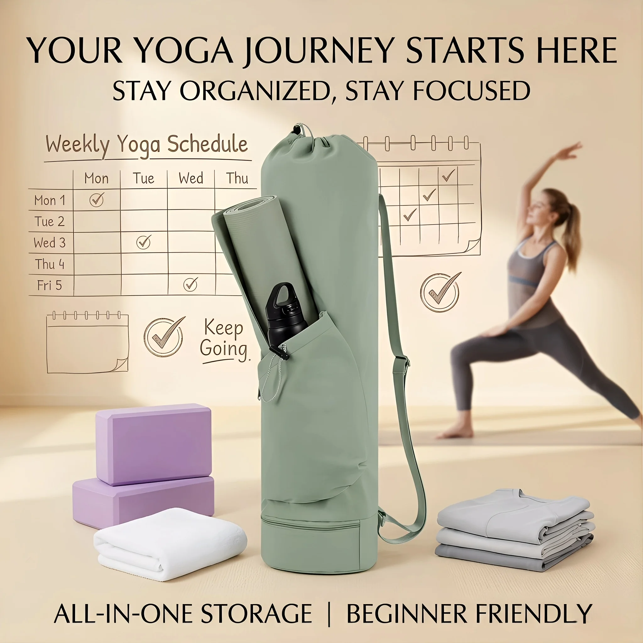 Yoga mat bag with strap, water bottle pocket, bottom pocket, and multifunctional storage bag for sports use.