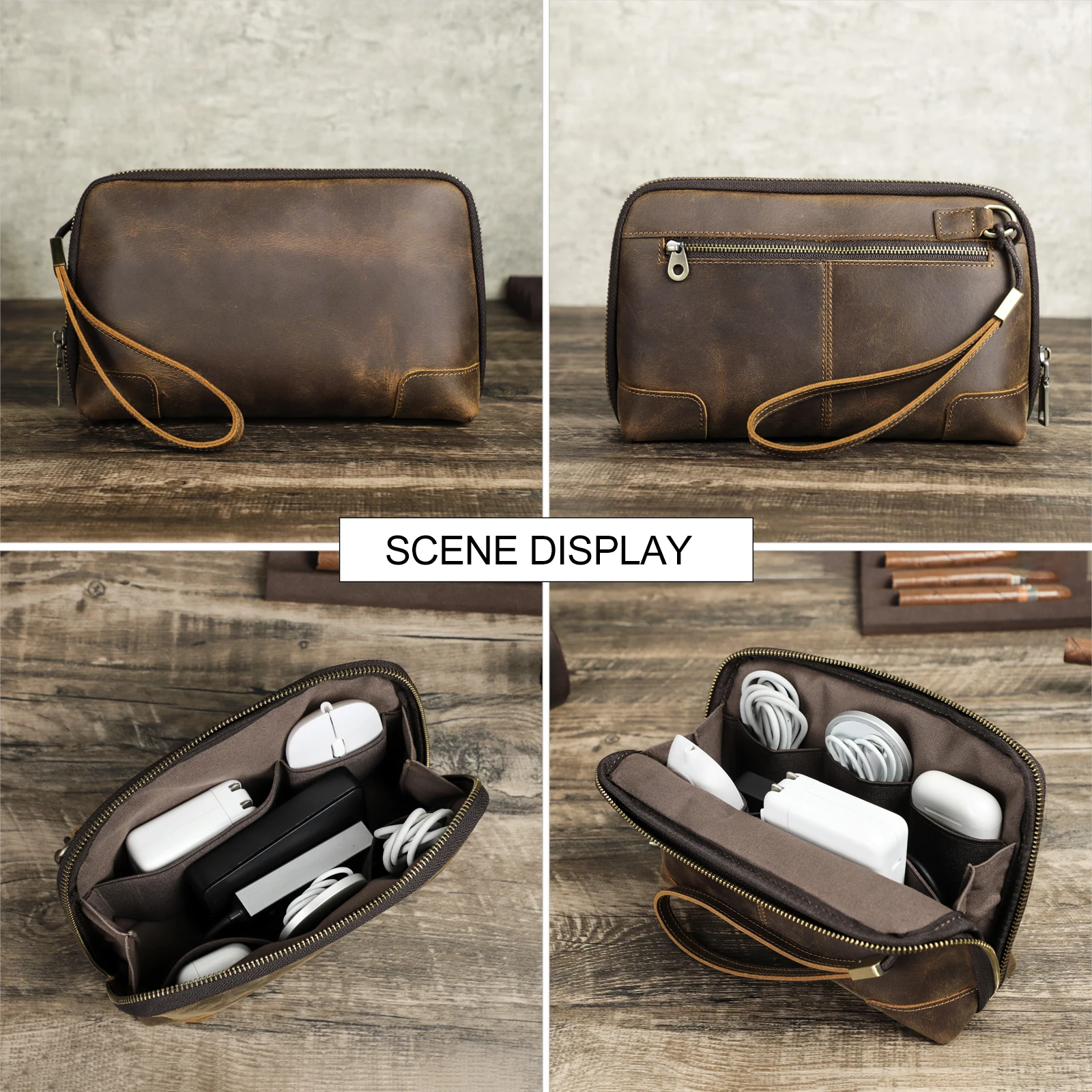 Cowhide Leather Men Clutch Bag Luxury Handbag Wristlet Male Purse USB Data Cable Storage Travel Electronic Accessories Organizer