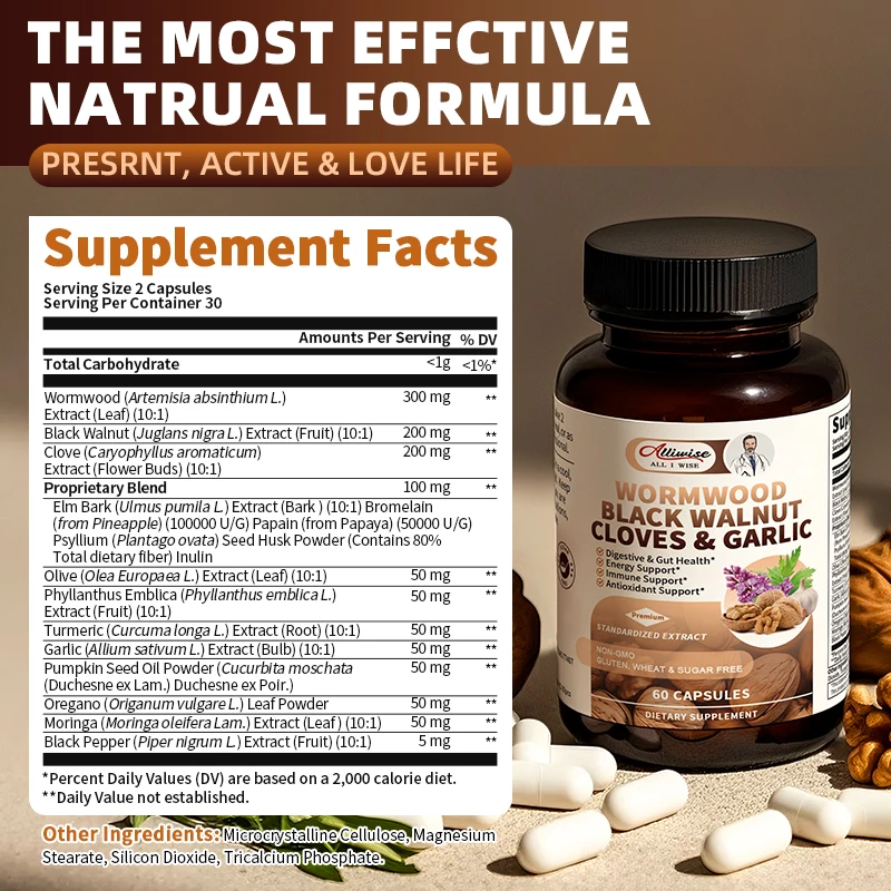 Alliwise 16-in-1 Black Walnut Wormwood Capsules, Rapid Gut Cleanse & Digestive Health with Clove Garlic Turmeric, Liposomal Delivery 98% Absorption,Vegan Gluten-Free