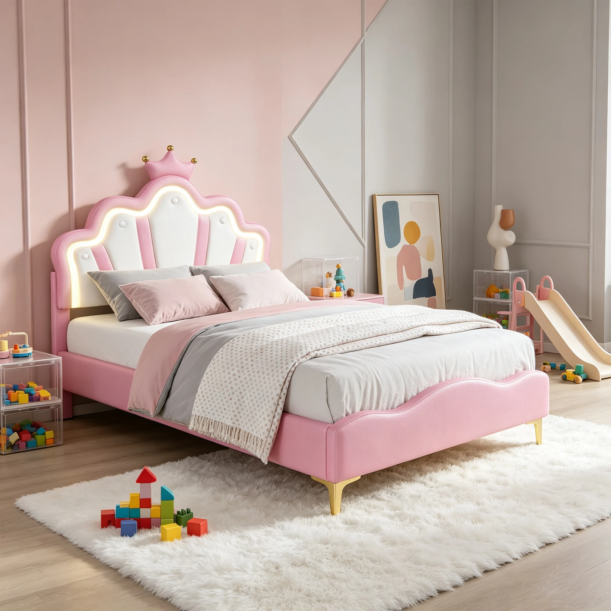 Letto imbottito per bambini Superaly, 140x190 cm, letto matrimoniale con struttura a doghe, letto per ragazzi, letto per bambine, letto a tema principessa con testiera regolabile, rivestimento in