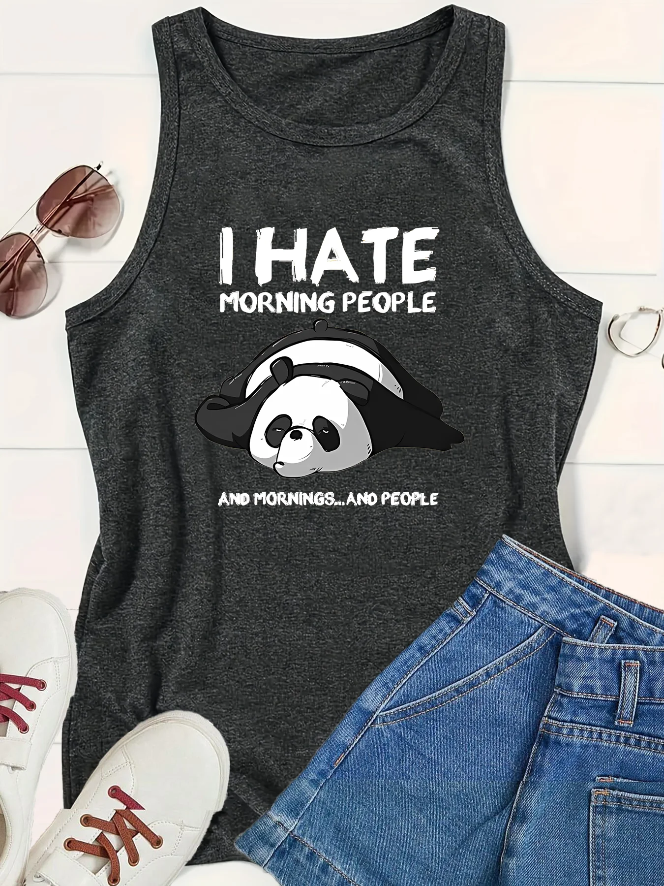 I Hate Morning People  Women's Fashion Graphic  Loose O Neck Sleeveless Casual Women's Tank Top