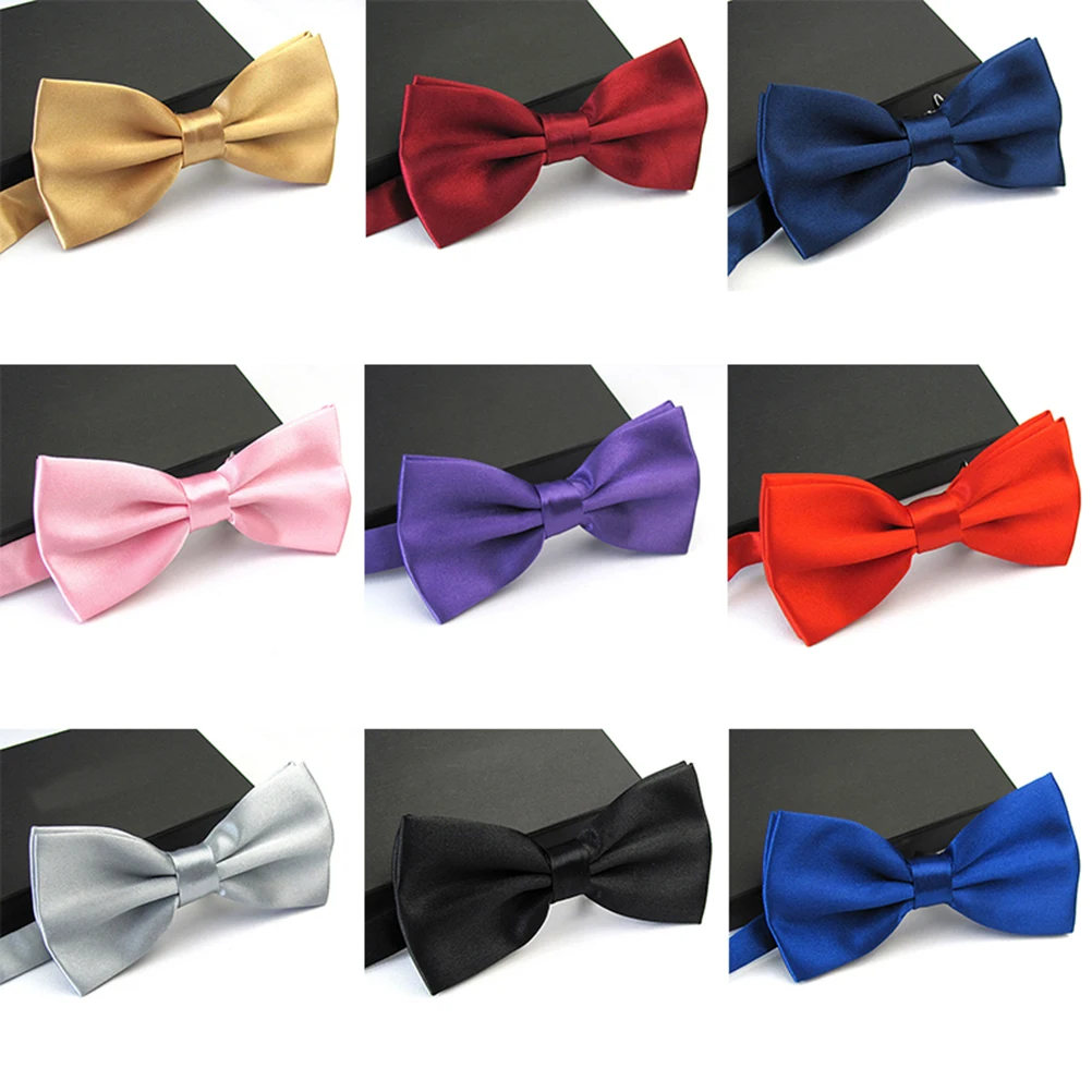 Men Satin Bowtie Classic Wedding Party Bow Tie Solid Color Adjustable Necktie