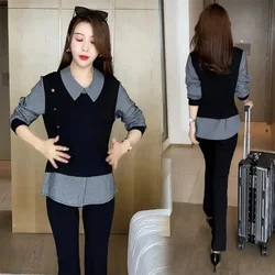 2024 Women Shirt Fake Two-piece Set Spring Autumn Female Long Sleeves Blouse Korean Ladies Color Collision Large Size 4XL Shirts