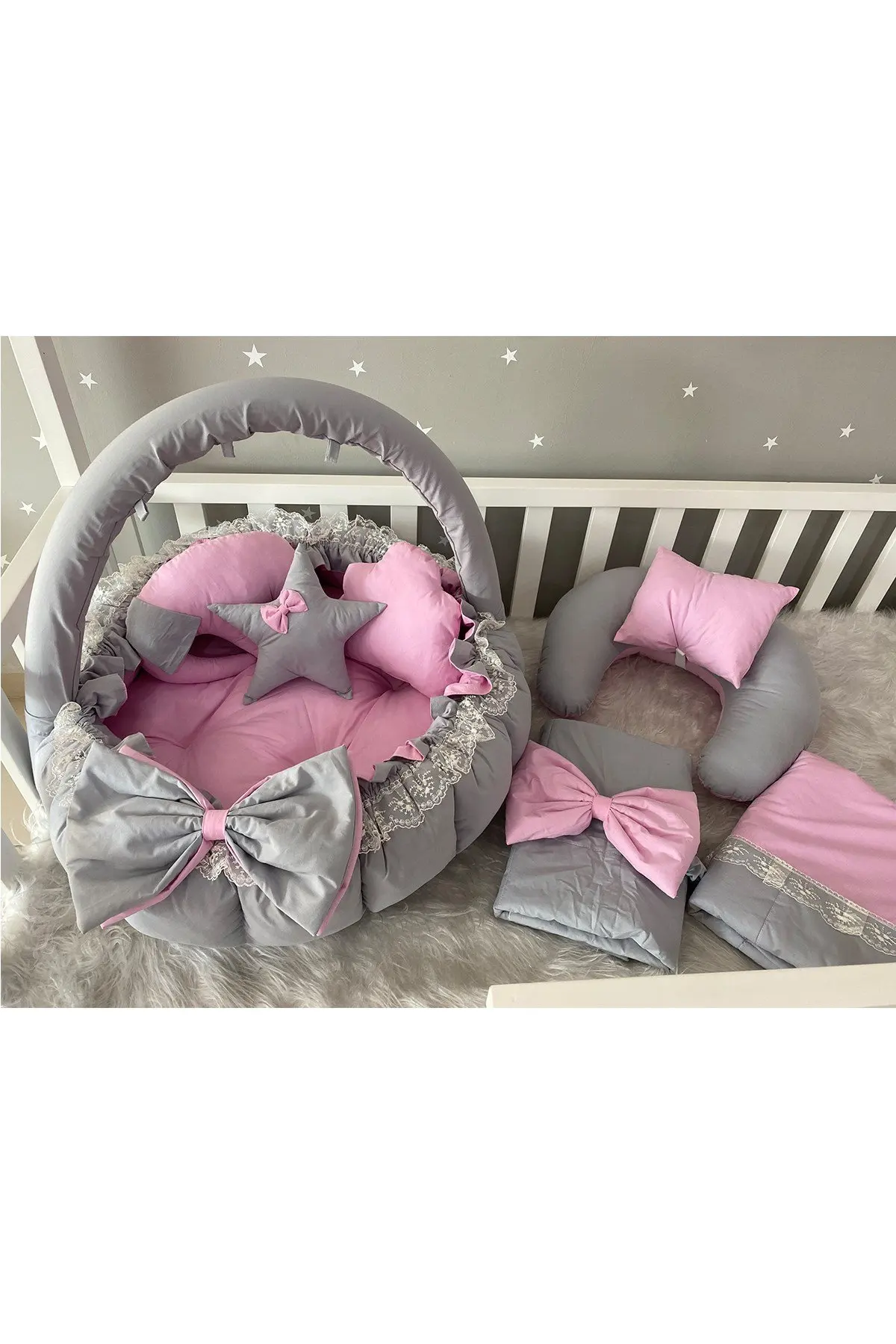 Juego de tapete de juego de lujo hecho a mano, diseño de combinación gris-Rosa, Babynest, 8 piezas