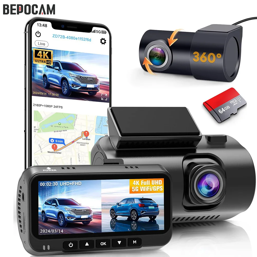 

BEPOCAM ZD72 4K Dash Cam for Cars DVR UHD 4K+2K Dual Channel Black Box Built-In GPS 5G WiFi With Rear Cam 170FOV Dashcam