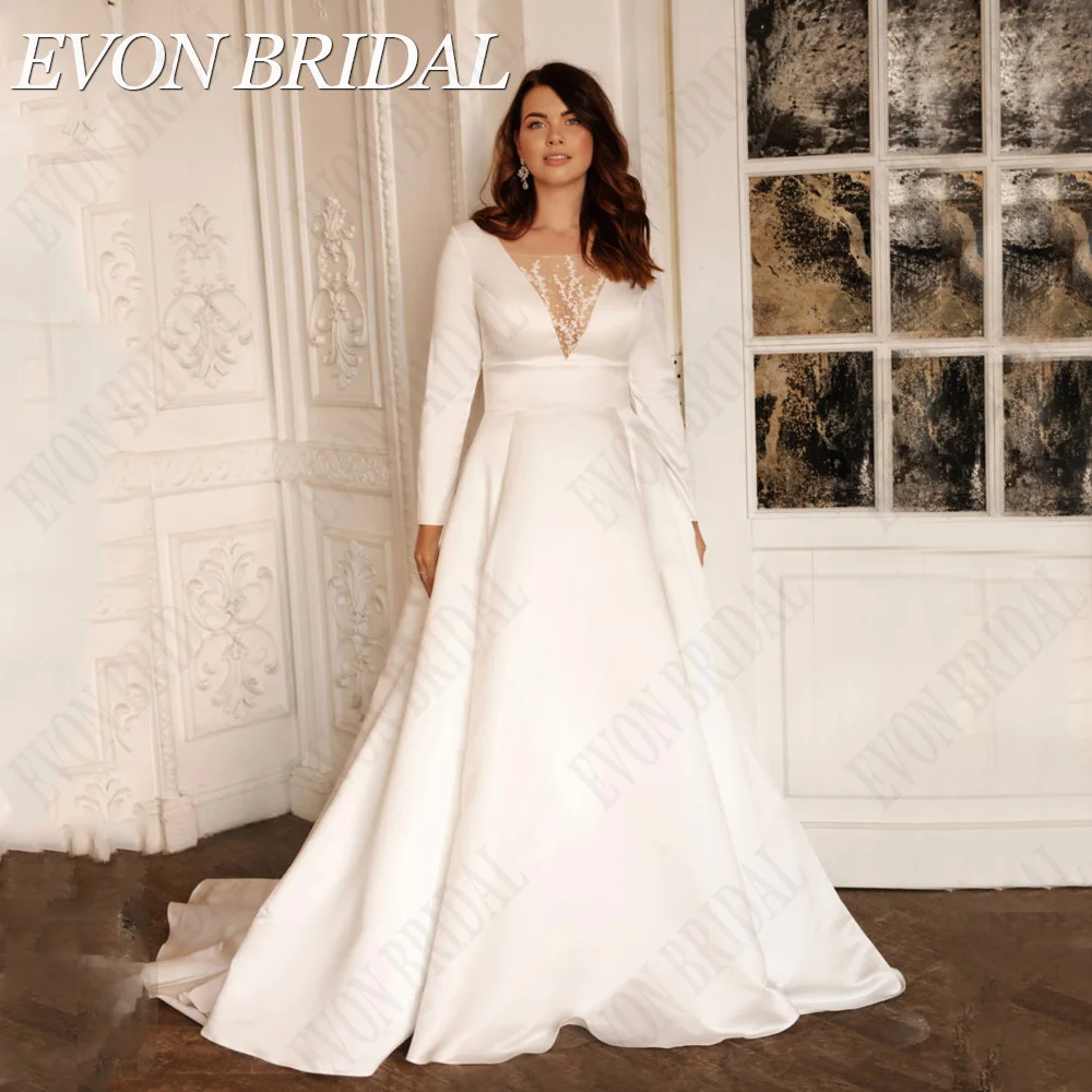 

EVON BRIDAL Oversize Satin Wedding Dresses For Woman Long Sleeves Bride Gowns Plus Size A-Line Classic vestidos de novia 2024