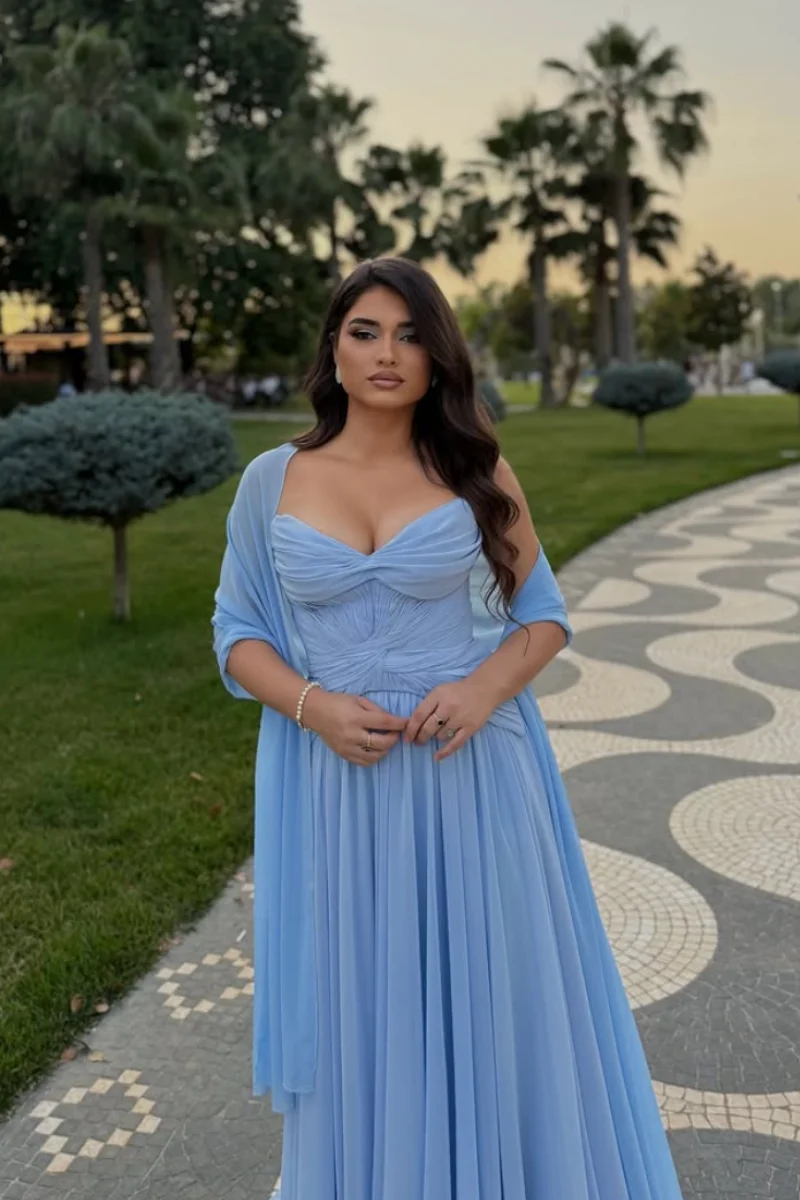 Annie Sky Blue فساتين حفلة موسيقية خارج على الكتف مطوي فساتين سهرة شيفون للمناسبات الخاصة فساتين حفلات الزفاف