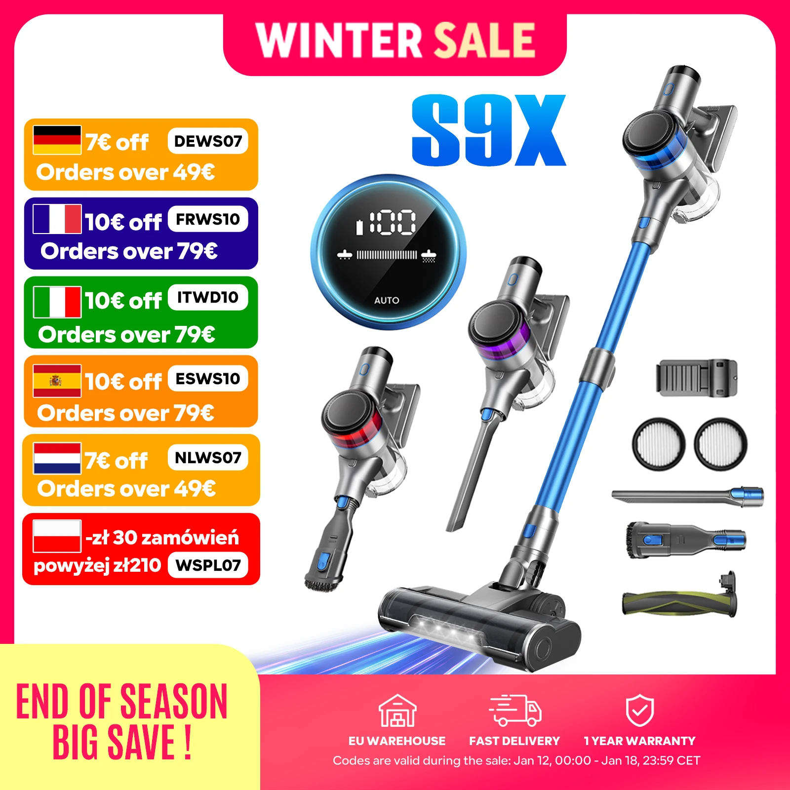 Inse S9X Aspirateur sans Fil, 70KPa, Tasse à Poussière de 1 L, Affichage Lumineux la Batterie, pour les Poils D'animaux, Tapis