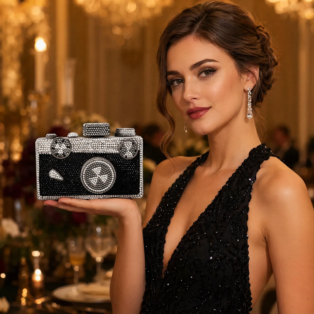 Novelty Camera Shaped Clutch for Women Sparkly Crystal Rhinestones Evening Bag Glitter Bridal Prom Handbag Purse