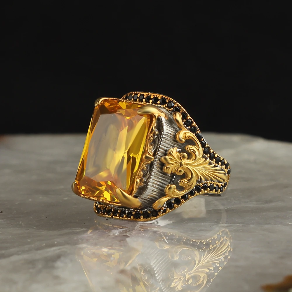 

Original 925 Sterling Silver Ring Beauty Citrine stone Rhodium & gold plated 22gr Handmad High Quality Gift Fine Jewelry