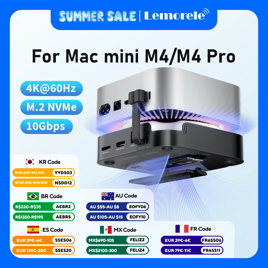 Lemorele 9 IN 2 Docking Station USB HUB Type-C to DP 4K 60Hz HDMI M.2 NVMe SSD Slot 10Gbps SD&TF for Mac Mini M4 Dock & Stand