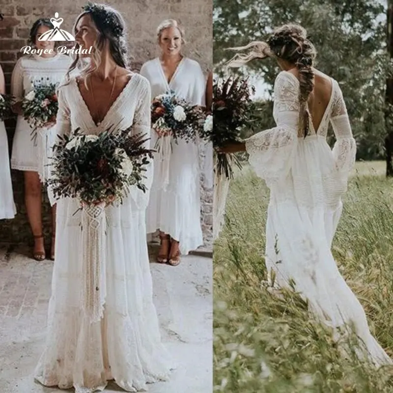 

Boho V-neck Long Flare Sleeves Sexy Backless Lace A-Line Wedding Dresses Bridal Gowns Sweep Train Pleat Beach Vestido Customized