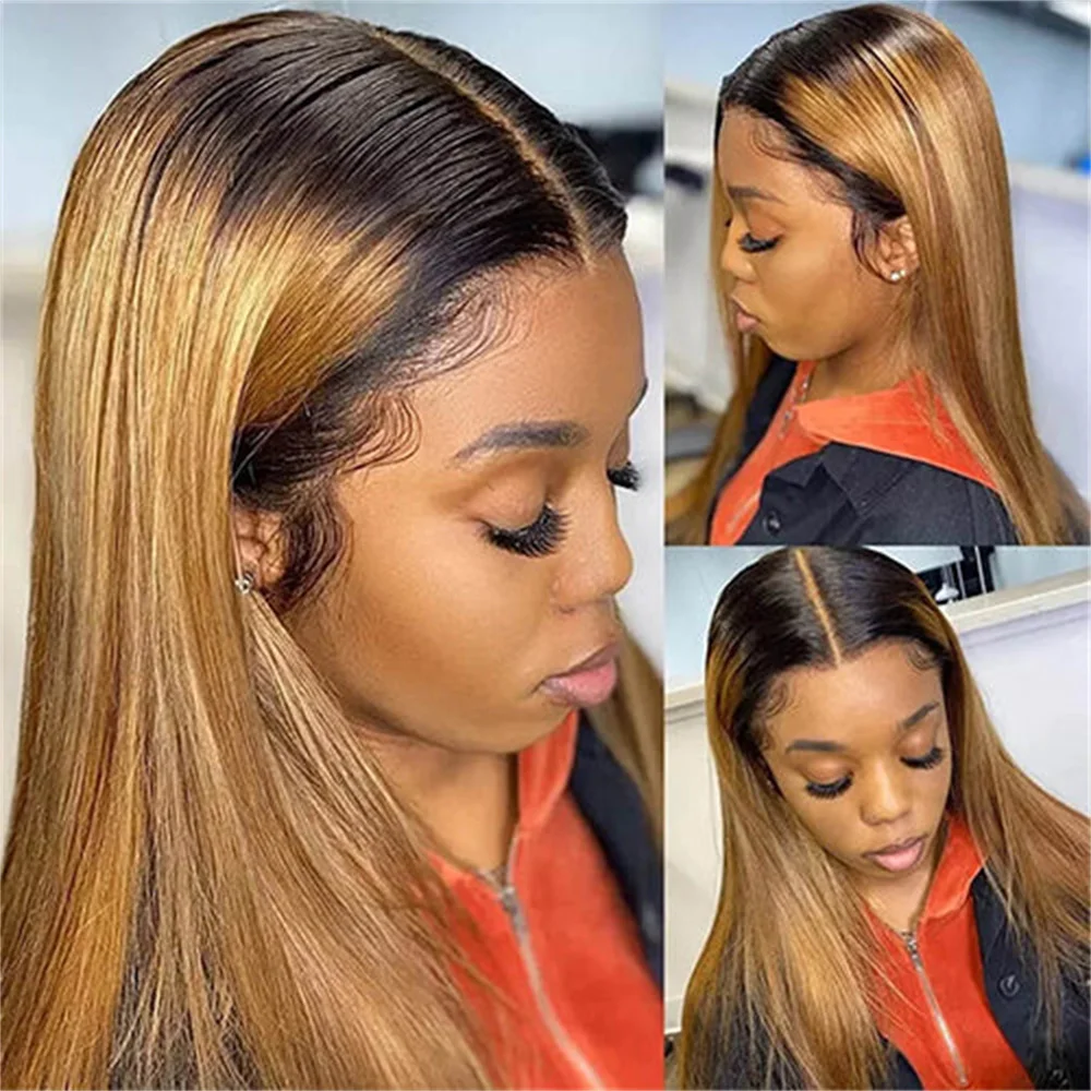 Honey Brown Straight Human Hair Wig With Black Roots Ready To Wear 5x5 Glueless Lace Closure Wig 200% Density With Drawstring
