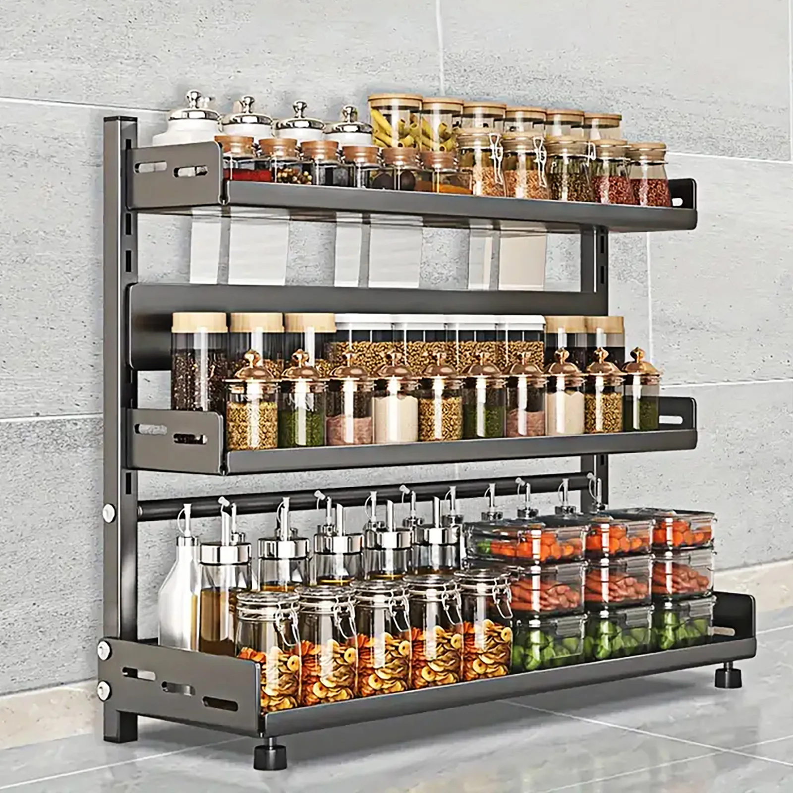 Étagère à épices à 3 niveaux, organisateur d'épices réglable en hauteur, étagères à épices en métal avec grille de protection, étagère à épices noire