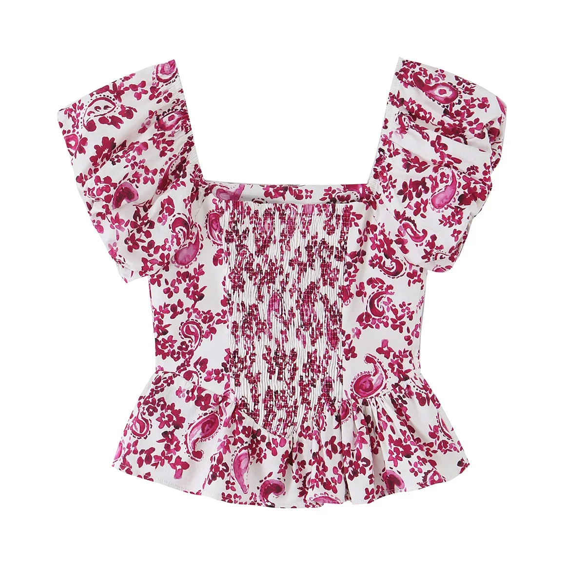 Women Floral Top Square Neck Puff Sleeve Smocked Blouse Elegant Peplum Hem Shirt Paisley Print French Vintage Summer Casual Tops
