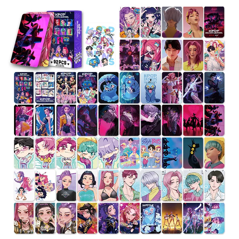 92pcs K-POP Demon Hunters Double Sided Holographic LOMO Cards - HUNTR/X Anime Collectible PVC Photocards, Rainbow Laser Fan Gift