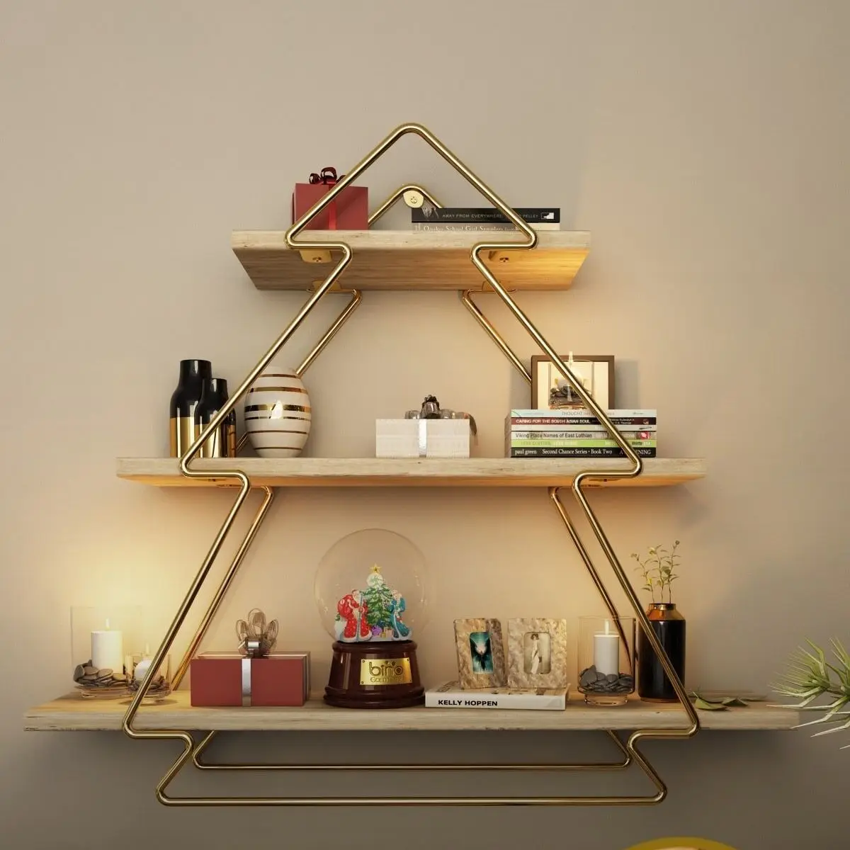 Decorative Wooden Three Tiers Wall Shelf Living Room Kitchen Bathroom Triangle Multipurpose Shelf Accessory Storage Organization