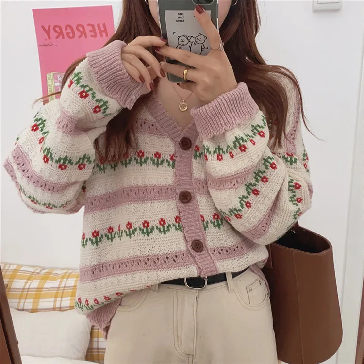 INSMICROGIRL Vintage Cutout Floral Knit Long Sleeve Cardigan Jacket Sweater Cardigan Y2K Fashion Buttom Streetwear New Coat