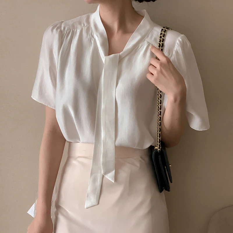 

Korean Style Glossy Silk Round Strap Tie Short Sleeve Two Way Shirt Blouse