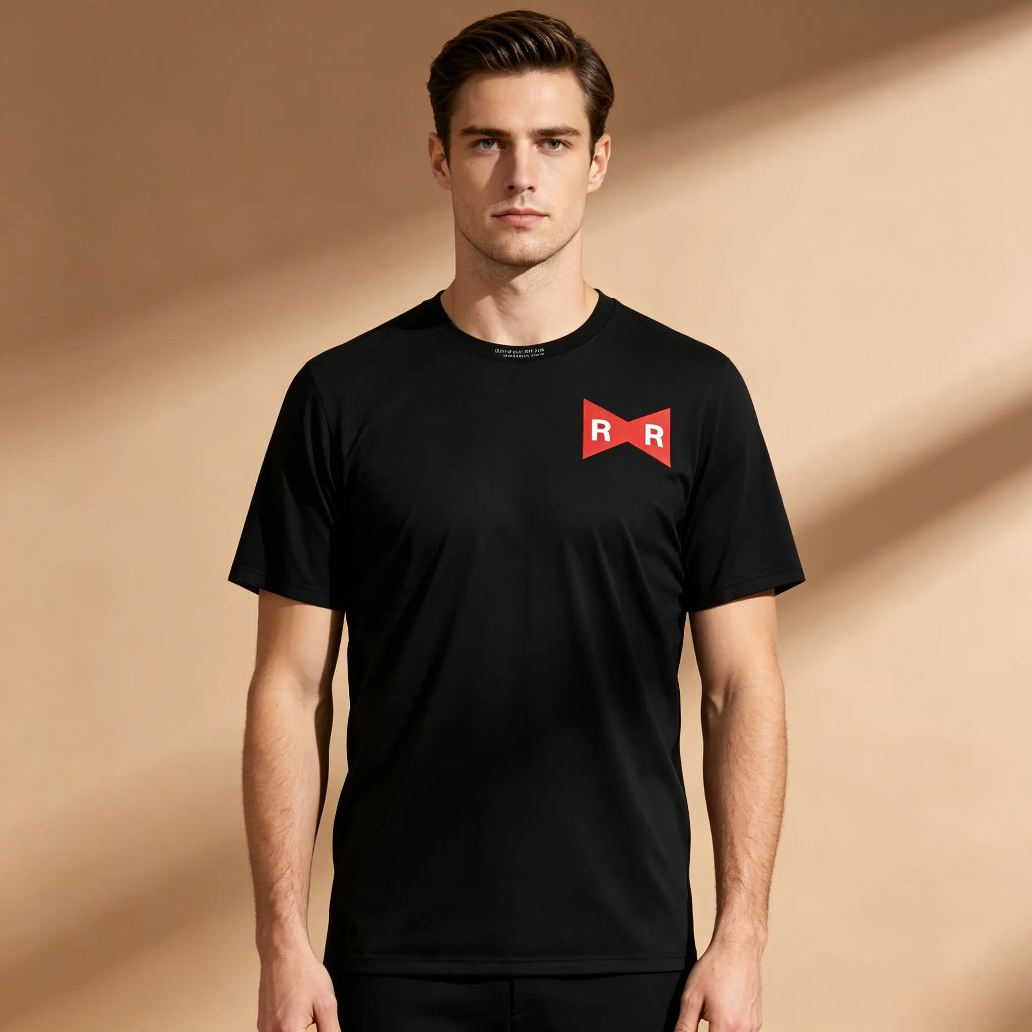 Herren-T-Shirt mit doppelseitigem Anime-Grafikdruck, einfarbig Schwarz, Dragon Ball Red Ribbon Army RR Logo, kleiner Brustdruck, einfarbiger Rücken, weiches Material