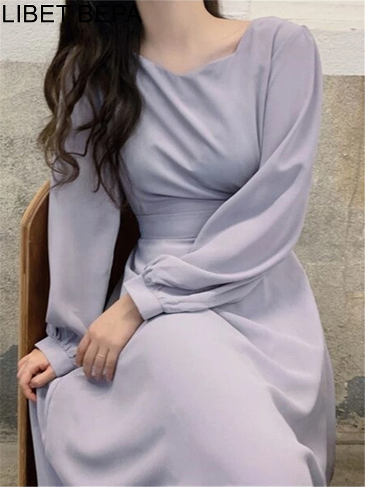 2022 New V-Neck Lace Up High Waist Solid Oversized Korean Elegant Vintage Lady Lace Up Autumn Winter Women Long Dresses DR2191