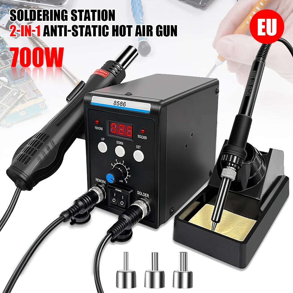 Station de soudage 2 en 1 JCD 8586D 220V avec pistolet à air chaud et 2 écrans numériques, mode veille 10 minutes pour la réparation SMD