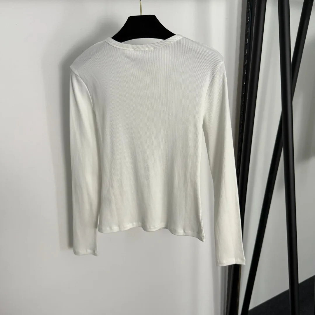 

2025 New Embroidered semi-buttoned round-neck fitted long-sleeved T-shirt base layer top Versatile Slimming Figure-hugging