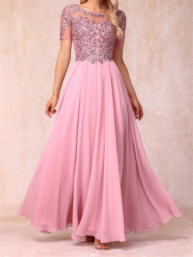 A-Line Chiffon Long Prom Dresses With Sequins & Appliques Sheer Neck Short Sleeves Elegant Evening Formal Dress For Mother