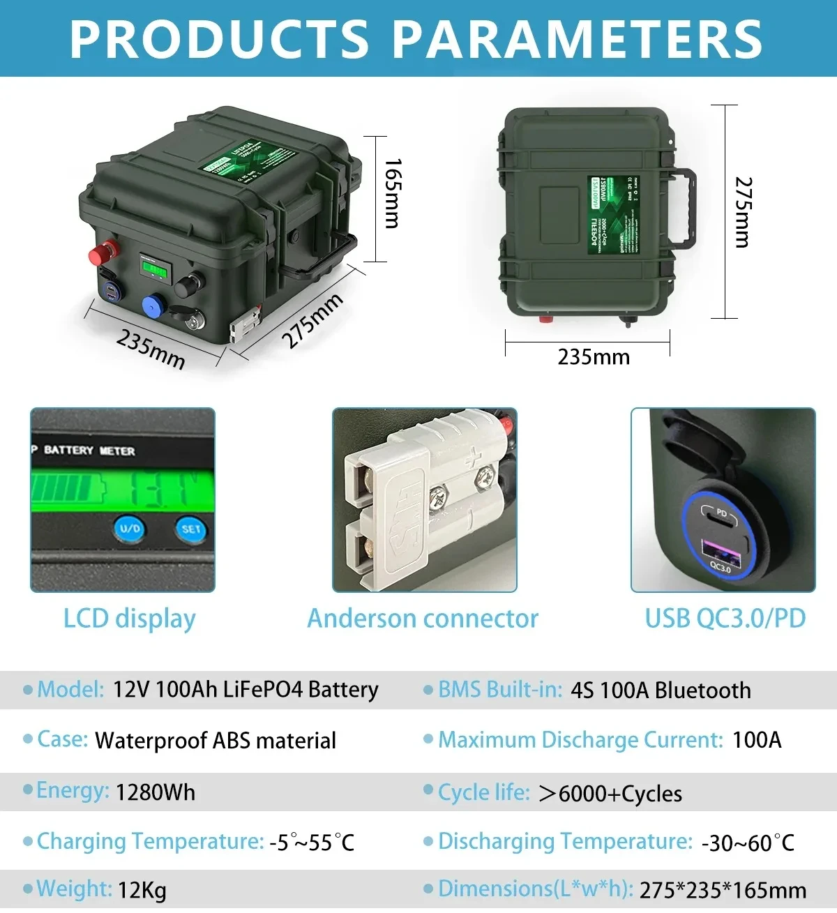 Batterie au lithium avec Bluetooth, 12V, 12.8V, 6000 + Cycles, 100Ah, 120Ah, 80Ah, 140Ah, VEFEPO4, Grand A, BMS Cellules, Montre