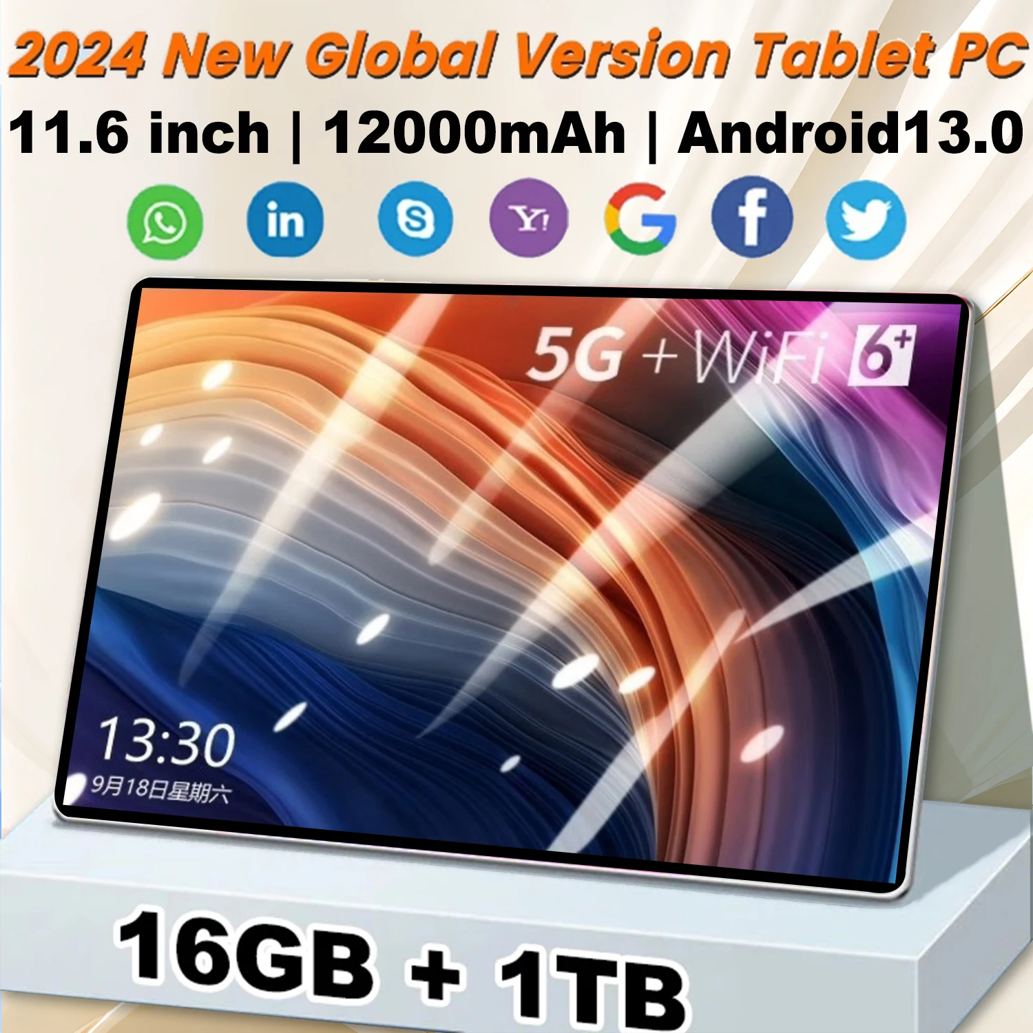 2024 Nieuwe 11.6 Inch Netwerk Android 13.0 Tablet 16Gb Ram 1Tb Rom 16mp 32mp 10 Core 12000Mah Tablet 4 5G Wifi Tablet