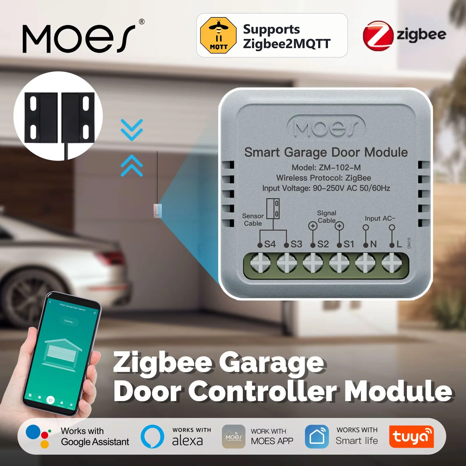 MOES Tuya Zigbee2MQTT Garage Door Controller Module, Smart App Remote Garage Door Opener, Works with Alexa & Google Home