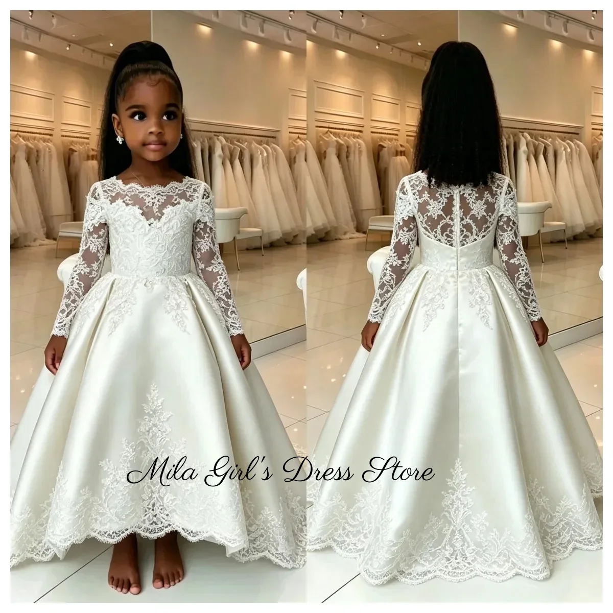 Off Shoulder Girls Lace Long Sleeve Pageant Dresses 2026 Elegant Hand Embroidered Satin Flower Girl Dresses Girls Wedding Party