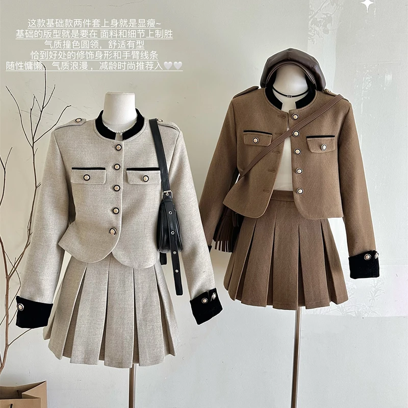 

Fashion Vintage Tweed Two Piece Set Women Winter Thicken Jacket Coat + High Waist Pleated Skirt Suits